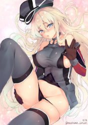 Rule 34 | 10s, 1girl, bare shoulders, bismarck (kancolle), black panties, blonde hair, blue eyes, blush, breasts, covered erect nipples, cross, detached sleeves, grey thighhighs, hat, highres, iron cross, kantai collection, large breasts, long hair, military, military hat, military uniform, obiwan, panties, parted lips, peaked cap, sideboob, sitting, solo, thighhighs, underwear, uniform
