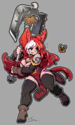 Rule 34 | 1girl, absurdres, animal ears, blue eyes, boots, breasts, cleavage, copyright request, facial mark, final fantasy, final fantasy xiv, full body, grey background, highres, holding, holding weapon, large breasts, long hair, long sleeves, miqo&#039;te, red hair, sabrith ebonclaw, simple background, slit pupils, slugbox, solo, tail, thick thighs, thighhighs, thighs, weapon, whisker markings, white hair