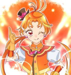 Rule 34 | 1boy, ;q, brooch, commentary, cure nico, cure wing, earrings, english commentary, gloves, hat, highres, hirogaru sky! precure, jewelry, long hair, magical boy, male focus, mini hat, mini top hat, one eye closed, orange gloves, orange hair, parted bangs, ponytail, precure, puffy sleeves, red eyes, solo, tongue, tongue out, top hat, trap, very long hair, wing brooch, wing hair ornament