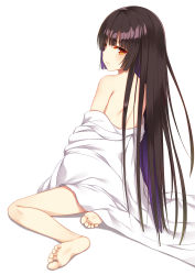 Rule 34 | 1girl, bare shoulders, barefoot, black hair, blunt bangs, blush, commentary request, enma ai, feet, flan (seeyouflan), foot focus, from behind, highres, hime cut, japanese clothes, jigoku shoujo, long hair, long sleeves, looking at viewer, looking back, off shoulder, simple background, sitting, soles, solo, toes, undressing, white background, yellow eyes, yokozuwari