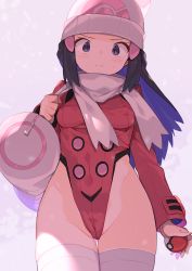 Rule 34 | 1girl, :3, bag, beanie, black hair, breasts, colored inner hair, covered erect nipples, creatures (company), dawn (pokemon), game freak, gluteal fold, hat, highleg, highleg leotard, highres, holding, holding poke ball, leotard, long hair, looking at viewer, medium breasts, multicolored hair, nintendo, poke ball, pokemon, pokemon dppt, pokemon platinum, purple eyes, purple hair, red leotard, scarf, shoulder bag, solo, spring2013, thigh gap, thighhighs, white hat, white scarf, white thighhighs