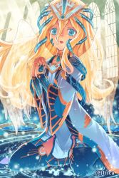 Rule 34 | 1girl, angel wings, blonde hair, blue dress, blue eyes, blue thighhighs, dress, facial mark, hair ornament, interlocked fingers, kanini, long hair, long sleeves, looking at viewer, open mouth, original, own hands clasped, own hands together, sitting, smile, solo, thighhighs, transparent, wide sleeves, wings, zettai ryouiki