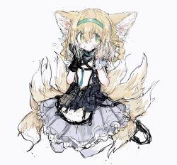 Rule 34 | 1girl, animal ear fluff, animal ears, arknights, black gloves, blonde hair, blue hairband, blush, dress, flying sweatdrops, fox ears, fox girl, fox tail, gloves, green eyes, hair between eyes, hair rings, hairband, highres, infection monitor (arknights), kitsune, kyuubi, multicolored hair, multiple tails, parted lips, reitoubeef, simple background, single glove, sitting, sketch, solo, suzuran (arknights), sweat, tail, white hair