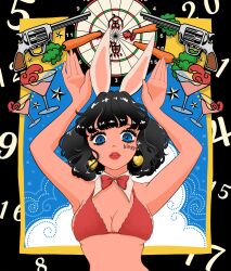 Rule 34 | 1girl, absurdres, animal ears, arms up, bikini, bikini top only, black border, black hair, blue eyes, border, bow, bowtie, carrot, cocktail glass, cup, dartboard, detached collar, drinking glass, earrings, gun, hair ornament, handgun, heart, heart earrings, highres, jewelry, looking at viewer, oojuly41, original, parted lips, rabbit ears, rabbit hair ornament, red bikini, red bow, red bowtie, red lips, revolver, short hair, signature, solo, swimsuit, upper body, weapon