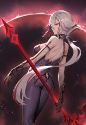 Rule 34 | 1girl, arlecchino (genshin impact), arm tattoo, ass, backless outfit, bare back, bare shoulders, black eyes, black pants, breasts, chain, commentary, genshin impact, highres, holding, holding scythe, holding weapon, long hair, looking at viewer, medium breasts, pants, scythe, secon, solo, tattoo, very long hair, weapon, white hair