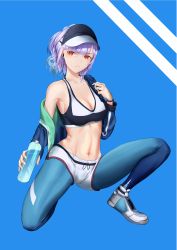 Rule 34 | 1girl, absurdres, azur lane, bare shoulders, baseball cap, blue background, blue jacket, blue legwear, bottle, breasts, cleavage, crop top, crop top overhang, earphones, giulio cesare (azur lane), giulio cesare (fitness master) (azur lane), gradient legwear, hat, highres, holding, holding bottle, jacket, long hair, medium breasts, multicolored clothes, multicolored legwear, purple hair, red eyes, saure teigtasche, shorts, simple background, skin tight, solo, sports bra, stomach, white shorts