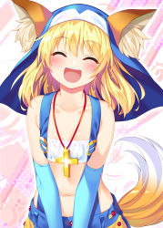 Rule 34 | 1girl, :d, animal ear fluff, animal ears, blonde hair, blue gloves, blush, bra, bucchake (asami), closed eyes, collarbone, cross, cross necklace, elbow gloves, facing viewer, flat chest, fox ears, fox tail, gloves, jewelry, medium hair, midriff, navel, necklace, ootomo sourin (sengoku otome), open mouth, sengoku otome, slingshot (weapon), smile, solo, standing, suspenders, tail, underwear, upper body, white bra