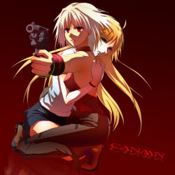 Rule 34 | 2girls, 2n on, 428, 428: fuusa sareta shibuya de, backless outfit, blonde hair, canaan (character), canaan (series), chunsoft, copyright name, gradient background, gun, handgun, hug, kneeling, long hair, multiple girls, non (2n on), oosawa maria, outstretched arm, protecting, red background, red eyes, revolver, short hair, weapon, white hair, yellow eyes