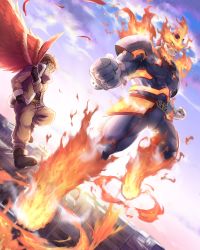 Rule 34 | 2boys, beard, belt, blonde hair, bodysuit, boku no hero academia, cloud, cloudy sky, endeavor (boku no hero academia), facial hair, feathered wings, feathers, fighting stance, fire, floating, gloves, green eyes, hawks (boku no hero academia), headphones, highres, jacket, long sleeves, looking to the side, male focus, matsumotoshinnnosuke, multiple boys, muscular, mustache, red eyes, red feathers, red hair, red wings, shoes, skin tight, sky, smile, spiked hair, superhero costume, wings