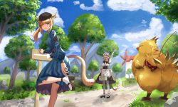 Rule 34 | 2girls, animal ears, apron, arm support, au ra, blonde hair, blue eyes, blurry, carrot on stick, cat ears, cat tail, chocobo, cloud, day, depth of field, dragon tail, dress, earrings, fat chocobo, fence, final fantasy, final fantasy xiv, happy, hat, high heels, horns, jewelry, long hair, maid, maid apron, maid headdress, miqo&#039;te, mountain, multiple girls, ojiki, open mouth, outdoors, pantyhose, road, rock, silver hair, sky, slit pupils, smile, standing, standing on one leg, tail, tree, waving, white legwear, windmill, wrist cuffs