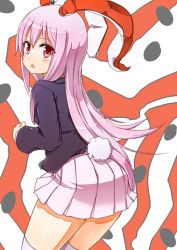 Rule 34 | 1girl, animal ears, blazer, blush, from behind, highres, jacket, komito, long hair, looking at viewer, looking back, pink hair, pleated skirt, rabbit ears, rabbit girl, rabbit tail, red eyes, reisen udongein inaba, skirt, solo, tail, thighhighs, touhou, white thighhighs, zettai ryouiki