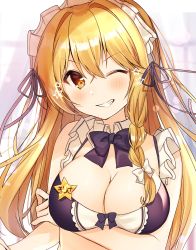 Rule 34 | 1girl, bare arms, bare shoulders, bikini, black bikini, black bow, black bowtie, blonde hair, blush, bow, bowtie, braid, breast hold, breasts, cleavage, commentary request, detached collar, frills, grin, hair between eyes, hair bow, hair intakes, hair ribbon, highres, kirisame marisa, large breasts, long hair, looking at viewer, maid, maid bikini, maid headdress, nenobi (nenorium), no headwear, one eye closed, purple ribbon, ribbon, single braid, smile, solo, star-shaped pupils, star (symbol), swimsuit, symbol-shaped pupils, touhou, translation request, unconventional maid, upper body, white bow, yellow eyes