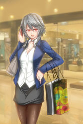 Rule 34 | 1girl, :d, alternate costume, bag, black pantyhose, black ribbon, black skirt, blurry, braid, breasts, cellphone, cleavage, collar, collarbone, contemporary, cowboy shot, depth of field, dress shirt, grey hair, hair ribbon, hand on own hip, highres, holding, holding phone, izayoi sakuya, jacket, kashiru, large breasts, long sleeves, looking at viewer, no headwear, open clothes, open jacket, open mouth, pantyhose, pencil skirt, phone, red eyes, remilia scarlet, ribbon, shirt, shopping bag, shoulder bag, skirt, smile, solo, suit jacket, swept bangs, touhou, twin braids, white shirt