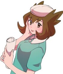 Rule 34 | 1girl, beret, bianca (pokemon heroes), breasts, brown eyes, closed mouth, collared shirt, commentary request, creatures (company), eyelashes, flipped hair, game freak, green shirt, hat, holding, holding paper, looking to the side, medium breasts, nintendo, osg pk, paper, pokemon, pokemon (anime), pokemon (classic anime), pokemon heroes: latios &amp; latias, shirt, short sleeves, simple background, smile, solo, upper body, white background, white hat