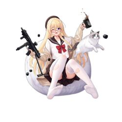 Rule 34 | 1girl, :d, allenes, bean bag chair, blonde hair, blue eyes, blush, board game, bow, bowtie, brown headwear, brown sailor collar, brown skirt, cardigan, cat, coffee mug, cup, feet, full body, girls&#039; frontline, griffin &amp; kryuger, gun, hands up, holding, holding cup, holding gun, holding weapon, jumping, long hair, long sleeves, looking at viewer, loose bowtie, mug, no shoes, official alternate costume, official art, one eye closed, open mouth, panties, pleated skirt, red-framed eyewear, red bow, red bowtie, sailor collar, semi-rimless eyewear, shirt, simple background, sitting, skindentation, skirt, smile, soles, solo, spilling, star model z62, submachine gun, thighhighs, third-party source, toes, torn clothes, torn thighhighs, transparent background, trigger discipline, under-rim eyewear, underwear, very long hair, weapon, white cardigan, white cat, white panties, white shirt, white thighhighs, z-62 (casual afternoon game) (girls&#039; frontline), z-62 (girls&#039; frontline)