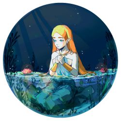 Rule 34 | 1girl, aqua eyes, artist name, blonde hair, blush, circle, dress, flower, freckles, full body, hands up, highres, jewelry, lily pad, long hair, necklace, nintendo, own hands together, partially submerged, partially underwater shot, pink flower, plant, pointy ears, princess zelda, routexx, shrug (clothing), sitting, solo, strapless, strapless dress, the legend of zelda, the legend of zelda: breath of the wild, transparent background, underwater, water lily flower, white dress