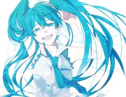 Rule 34 | 1girl, :d, arms up, bare shoulders, blue eyes, blue hair, blue necktie, crypton future media, eiku, floating hair, hair between eyes, hatsune miku, highres, interlocked fingers, long hair, looking at viewer, necktie, open mouth, piapro, shirt, sleeveless, sleeveless shirt, smile, solo, twintails, upper body, very long hair, vocaloid, white background, white shirt