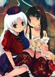 Rule 34 | 2girls, black hair, blush, bow, breasts, carrying, clothes down, collarbone, cover, covered erect nipples, female focus, flat chest, hip focus, houraisan kaguya, large breasts, long hair, looking at viewer, multiple girls, open mouth, princess carry, scan, textless version, touhou, very long hair, white hair, yagokoro eirin, yuri, yuu (kfc)