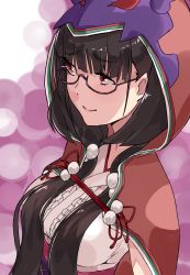 Rule 34 | 1girl, absurdres, black hair, breasts, burai yuuki, fate/grand order, fate (series), glasses, highres, hood, looking away, low twintails, osakabehime (fate), purple eyes, sketch, solo, twintails, upper body