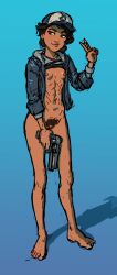 Rule 34 | absurdres, baseball cap, blue background, blue jacket, breasts, brown eyes, brown hair, clementine (the walking dead), clothes lift, feet, gun, hat, highres, jacket, nipples, partially undressed, pears, pubic hair, shirt lift, simple background, small breasts, smile, the walking dead, the walking dead (game), weapon