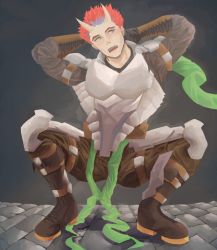 Rule 34 | 1boy, armor, arms up, bad id, bad pixiv id, bara, boots, highres, horns, kapn4874, male focus, paint, red hair, scarf, squatting