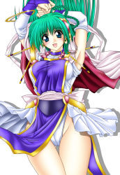 Rule 34 | 1990s (style), 1girl, absurdres, armpits, blue eyes, blush, can can bunny, can can bunny extra, detached sleeves, earrings, elbow gloves, fingerless gloves, gloves, green hair, highres, jewelry, open mouth, smile, solo, swatty, tomoya kankurou