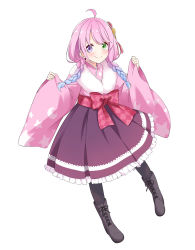 Rule 34 | 1girl, absurdres, ahoge, apron, black footwear, blush, boots, bra, closed mouth, cross-laced footwear, felutiahime, full body, fur scarf, gradient hair, green eyes, hakama, hakama skirt, heterochromia, highres, himemori luna, himemori luna (new year), hololive, japanese clothes, kimono, knee boots, lace, lace-trimmed bra, lace-up boots, lace trim, long hair, looking at viewer, multicolored hair, pantyhose, pinching sleeves, pink hair, pink kimono, purple eyes, purple hair, sash, simple background, skirt, smile, solo, twintails, underwear, virtual youtuber, waist apron, white background, wide sleeves