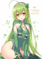 Rule 34 | 1girl, :d, ahoge, between legs, blush, breasts, covered navel, dress, flower knight girl, green dress, green hair, green theme, green thighhighs, hair between eyes, hairband, hand between legs, head tilt, leaning to the side, long hair, long sleeves, looking at viewer, mint (flower knight girl), open mouth, ribbon trim, sacraneco, shiny skin, sideboob, sitting, sleeves past wrists, small breasts, smile, solo, straight hair, striped clothes, striped thighhighs, tareme, tassel, thighhighs, translation request, vertical-striped clothes, vertical-striped thighhighs, very long hair, white hairband, yellow eyes