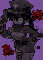 Rule 34 | &gt; &lt;, 3girls, absurdres, armband, belt, blood, blood on clothes, blood on face, bloodshot eyes, breasts, c:, crossed bandaids, gun, hair between eyes, hand on own hip, handgun, hat, highres, holding, holding gun, holding weapon, large breasts, long sleeves, looking at viewer, multiple girls, original, patchwork skin, prison clothes, purple background, simple background, smile, solo focus, tears, thigh strap, thighhighs, tonkatsu184, twintails, weapon