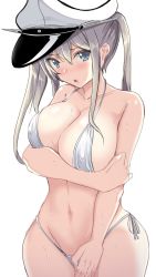 Rule 34 | 1girl, bikini, blonde hair, blush, breasts, cleavage, collarbone, cowboy shot, gin&#039;ichi (akacia), graf zeppelin (kancolle), hair between eyes, hat, kantai collection, large breasts, long hair, military hat, navel, one-hour drawing challenge, open mouth, peaked cap, purple eyes, sidelocks, simple background, solo, swimsuit, twintails, white background, white bikini