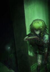 Rule 34 | 2girls, black skirt, blood, blood on hands, bloody knife, bow, braid, closed eyes, commentary request, cookie (touhou), corrupted twitter file, exit sign, feet out of frame, green theme, grin, hair between eyes, hair bow, hair ornament, highres, holding, holding knife, joker (cookie), kaiten gunshuu no kage, kirisame marisa, knife, leaning forward, long bangs, long hair, mizuhashi parsee, multiple girls, pleated skirt, red bow, school uniform, serafuku, shirt, side braid, single braid, sitting, skirt, smile, standing, star (symbol), star hair ornament, suzu (cookie), touhou, white shirt