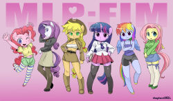 Rule 34 | 6+girls, applejack, arms up, artist name, belt, bike shorts, blonde hair, blue eyes, blue skin, book, boots, breasts, clenched hand, colored skin, copyright name, cowboy hat, crossed arms, cutie mark, fluttershy, full body, furry, furry female, gradient background, green eyes, hand on own hip, hat, hooves, horns, horse girl, jacket, long hair, looking at viewer, midriff, multicolored hair, multiple girls, my little pony, my little pony: friendship is magic, navel, necktie, one eye closed, open mouth, orange skin, pantyhose, personification, pink background, pink hair, pink skin, pinkie pie, pleated skirt, purple eyes, purple hair, purple skin, rainbow dash, rainbow hair, rarity (my little pony), ribbed sweater, ribbon, shepherd0821, simple background, single horn, skirt, smile, socks, standing, striped clothes, striped legwear, striped pantyhose, sweater, tail, thighhighs, turtleneck, twilight sparkle, unicorn, white skin, wings, wink, yellow skin, zettai ryouiki