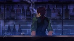 Rule 34 | 1boy, alcohol, back, bar (place), bartender, bottle, brown hair, cigarette, facial hair, fate (series), from behind, goatee, goya (xalbino), hair ribbon, hands in pockets, hector (fate), indoors, light, male focus, medium hair, ponytail, ribbon, shadow, shirt, sleeves rolled up, smile, smoke, smoking, solo, upper body, vest