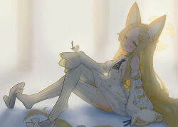 Rule 34 | 1girl, absurdres, animal ear fluff, animal ears, bird, blonde hair, blue archive, blurry, blurry background, blush, bow, buttons, chack520, crossed legs, detached sleeves, double-breasted, dress, ear wreath, footwear bow, fox ears, from side, halo, highres, large ears, long hair, looking at viewer, parted lips, seia (blue archive), shoes, sitting, sleeves past fingers, sleeves past wrists, solo, striped clothes, striped thighhighs, thighhighs, tit (bird), unworn shoes, vertical-striped clothes, vertical-striped thighhighs, very long hair, white dress, white footwear, wide sleeves, wreath, yellow halo, zettai ryouiki