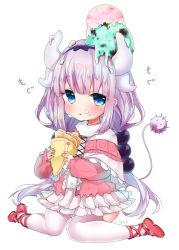 Rule 34 | 10s, 1girl, :t, blue eyes, blue ribbon, capelet, closed mouth, cream, cream on face, crepe, dragon girl, dragon horns, dragon tail, eating, food, food on face, food on head, frills, full body, hair ribbon, holding, holding food, horns, ice cream, kanna kamui, kobayashi-san chi no maidragon, light purple hair, long hair, looking at viewer, mint chocolate, mint chocolate chip, nachiru, object on head, purple hair, red footwear, ribbon, shoes, simple background, sitting, skirt, solo, tail, thighhighs, thighs, wariza, white background, white skirt, zettai ryouiki