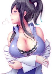 Rule 34 | 10s, 1girl, akano murasaki, ange vierge, aqua hair, bare shoulders, black hair, blue eyes, breast hold, breasts, cleavage, collarbone, crossed arms, dr. michael, dripping, glasses, gradient hair, heart, heart-shaped pupils, heavy breathing, highres, lab coat, lace trim, large breasts, long hair, long sleeves, looking at viewer, multicolored hair, off shoulder, ponytail, profile, red-framed eyewear, saliva, semi-rimless eyewear, sidelocks, solo, steaming body, sweat, symbol-shaped pupils, unbuttoned, under-rim eyewear, upper body, white background