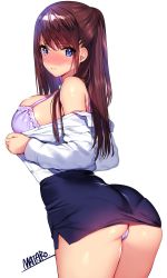 Rule 34 | 1girl, artist name, ass, bare shoulders, blue eyes, blush, bra, brown hair, buttons, closed mouth, commentary request, from behind, highres, lips, long hair, long sleeves, looking at viewer, looking back, mataro (matarou), miniskirt, original, panties, pantylines, pencil skirt, shiny clothes, shiny skin, shirt, signature, simple background, skirt, solo, thighs, underwear, white panties, white shirt