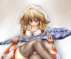 Rule 34 | 1girl, angry, blonde hair, blue eyes, blush, crossed legs, eyebrows, final fantasy, final fantasy tactics, green eyes, hood, monikano, open mouth, robe, sitting, solo, staff, thighhighs, twintails, wet, wet clothes, white mage, white mage (fft), white mage (final fantasy)
