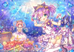 Rule 34 | 2girls, :o, ;d, air bubble, anchor, azur lane, black footwear, black ribbon, blue flower, blush, bouquet, bubble, chain, clownfish, coa (chroo x), commentary request, coral, coral reef, crown, dappled sunlight, dress, elbow gloves, fish, flower, gem, gloves, green eyes, hair flower, hair ornament, hair ribbon, high heels, holding, holding bouquet, javelin, javelin (azur lane), jellyfish, juno (azur lane), long hair, looking at viewer, looking to the side, mini crown, multiple girls, name connection, object namesake, one eye closed, open mouth, outdoors, pink hair, purple eyes, purple hair, red gemstone, ribbon, rose, shoes, sleeveless, sleeveless dress, smile, standing, standing on one leg, suction cups, sunlight, tentacles, thighhighs, tiara, treasure chest, two side up, underwater, very long hair, weapon, wedding dress, white dress, white gloves, white legwear, yellow flower, yellow rose