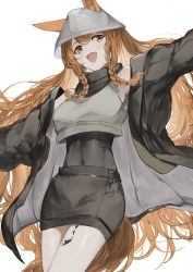 Rule 34 | 1girl, :d, absurdres, arknights, bare shoulders, black jacket, black skirt, blush, braid, brown hair, ceobe (arknights), commentary request, covered navel, ears through headwear, fang, grey hat, grey shirt, hat, highres, jacket, kajuu, material growth, open clothes, open jacket, open mouth, orange eyes, oripathy lesion (arknights), outstretched arms, shirt, simple background, skirt, sleeveless, sleeveless shirt, smile, solo, spread arms, twin braids, white background