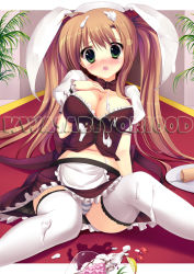Rule 34 | 1girl, alcohol, animal ears, apron, bad id, blush, bow, bowtie, breasts, brown hair, caidychen, cleavage, food, formal, glass, green eyes, ice cream, large breasts, long hair, maid, maid apron, maid headdress, midriff, navel, original, panties, pantyshot, rabbit ears, sexually suggestive, solo, striped clothes, striped panties, suggestive fluid, thighhighs, twintails, underwear, white thighhighs, wine