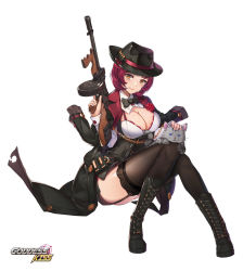 Rule 34 | 1girl, black bow, black bowtie, black coat, black footwear, black hat, blush, boots, bow, bowtie, bra, breasts, brown thighhighs, bullet, cat, cleavage, closed mouth, coat, cross-laced footwear, drum magazine, goddess kiss, gun, hat, headpat, highres, holding, holding gun, holding weapon, invisible chair, knees together feet apart, large breasts, magazine (weapon), milyu, orange eyes, pouch, red bra, red hair, short hair, simple background, sitting, solo, submachine gun, thighhighs, thompson submachine gun, trigger discipline, underwear, weapon, white background