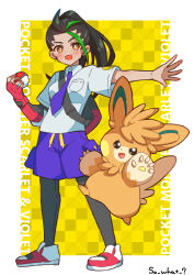 1girl :d blush collared_shirt commentary_request copyright_name creatures_(company) eyelashes fingerless_gloves game_freak gloves green_hair highres holding holding_poke_ball long_hair multicolored_hair necktie nemona_(pokemon) nintendo open_mouth pantyhose pawmot poke_ball poke_ball_(basic) pokemon pokemon_(creature) pokemon_sv ponytail purple_necktie purple_shorts shirt shoes short_sleeves shorts single_glove smile so_what216 standing two-tone_hair