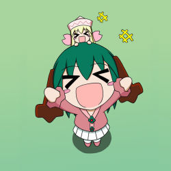 Rule 34 | &gt; &lt;, +++, 2girls, :d, > <, animal ears, arms up, blonde hair, blush stickers, chibi, chibi on head, closed eyes, fairy wings, gradient background, green background, green hair, happy, hat, kasodani kyouko, laughing, lily white, long sleeves, multiple girls, on head, open mouth, rakugaki-biyori, shirt, shoes, short hair, simple background, skirt, smile, touhou, wings, xd