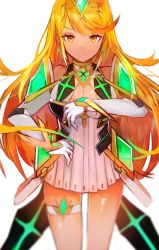 Rule 34 | 1girl, absurdres, armor, blonde hair, blush, breasts, cleavage, dress, gloves, highres, large breasts, long hair, looking at viewer, mythra (xenoblade), nintendo, simple background, smile, solo, swept bangs, tarbo (exxxpiation), white background, xenoblade chronicles (series), xenoblade chronicles 2, yellow eyes