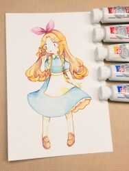 Rule 34 | 1girl, apron, arm at side, art tools in frame, bad id, bad twitter id, blonde hair, blue dress, blue eyes, bow, bow hairband, brown footwear, buttons, collared dress, commentary request, dress, full body, hairband, hand up, heterochromia, index finger raised, loafers, long hair, open mouth, original, painting (medium), pantyhose, photo (medium), pigeon-toed, pink bow, piyoko9494, puffy short sleeves, puffy sleeves, red eyes, red hairband, shoes, short sleeves, simple background, solo, standing, tempera (medium), traditional media, white apron, white background, white pantyhose, | |