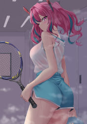 Rule 34 | 1girl, absurdres, ass, azur lane, bare shoulders, blush, breasts, bremerton (azur lane), closed mouth, commentary, cowboy shot, dolphin shorts, from behind, green hair, green shorts, hair between eyes, hair intakes, hair ornament, highres, holding, holding racket, holding towel, indoors, large breasts, locker, locker room, long hair, looking at viewer, multicolored hair, paradox (hatto air), pink eyes, pink hair, profile, racket, shirt, shorts, sidelocks, sideways mouth, sleeveless, sleeveless shirt, solo, sportswear, standing, steam, streaked hair, sweat, tennis racket, tennis uniform, towel, twintails, two-tone hair, wet, wet clothes, wet shirt, white shirt