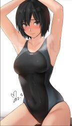 Rule 34 | 1girl, amagami, armpits, arms up, black hair, blush, breasts, covered navel, grey eyes, highres, legs, looking at viewer, medium breasts, nanasaki ai, one-piece swimsuit, short hair, smile, solo, sweat, swimsuit, thighs