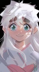 Rule 34 | 1girl, aqua eyes, black background, french-unicorn, highres, hunter x hunter, komugi (hunter x hunter), long hair, looking at viewer, portrait, shadow, simple background, smile, solo, thick eyebrows, white hair