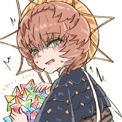 Rule 34 | 1girl, belt, black sleeves, blue eyes, blush, braid, brown hair, crown braid, fang, fate/grand order, fate (series), holding, looking at viewer, motion lines, open mouth, orange headwear, puffy sleeves, saint quartz (fate), shimogamo (shimomo 12), side braid, simple background, solo, striped clothes, striped headwear, teeth, tongue, upper body, van gogh (fate), white background